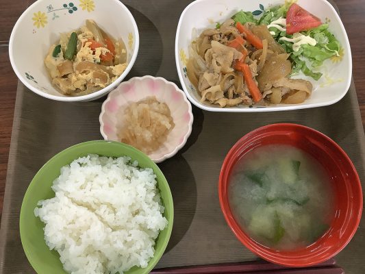 本日の献立：豚の生姜焼き、野菜の卵とじ煮、なめたけ和え(482Kcal)
